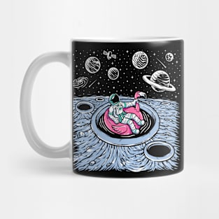 Funny Astronaut Floating in a Crater Pool on a Pink Flamingo Float Mug